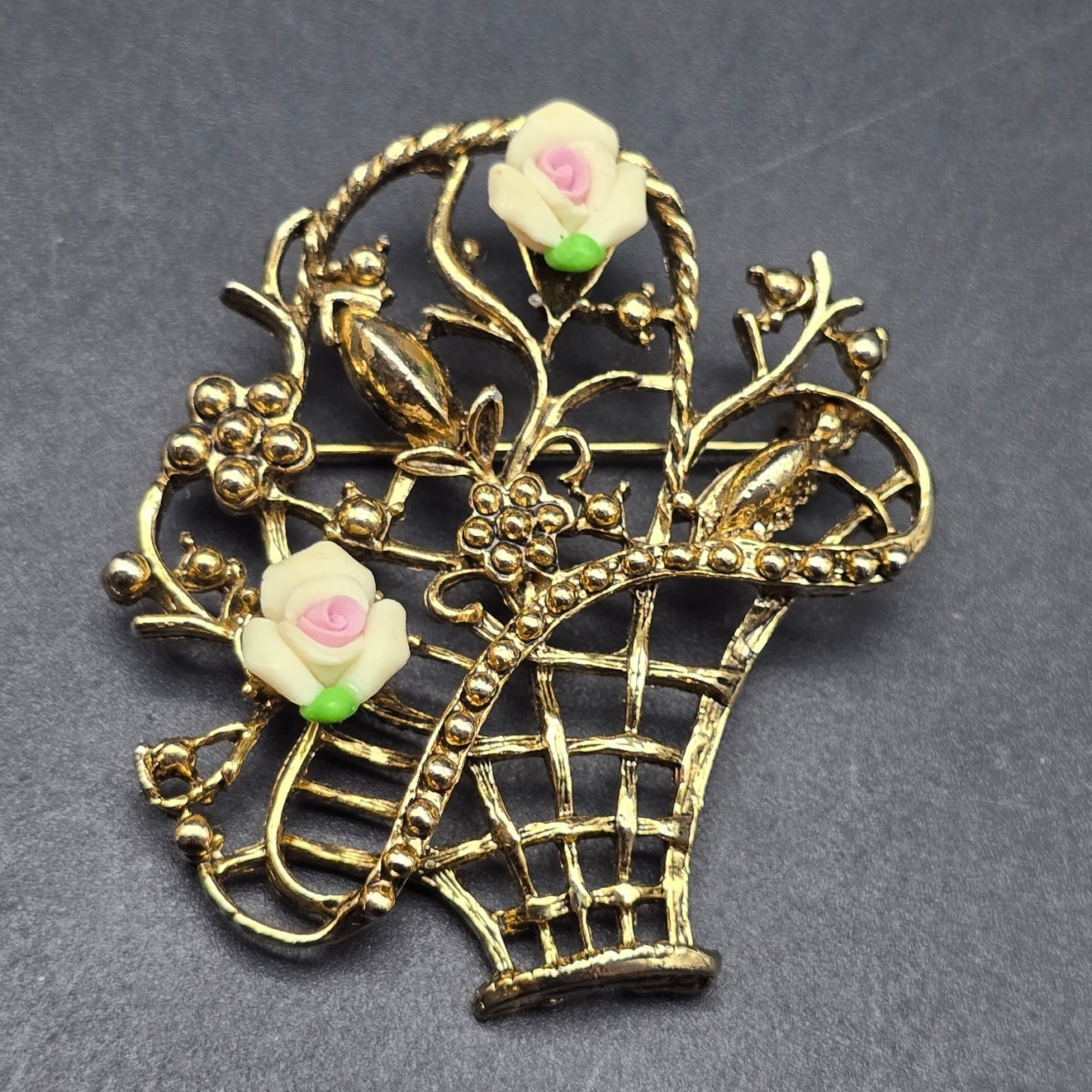 Gold Tone Flower Basket Brooch Clay Flowers Costume Jewelry Spring Easter